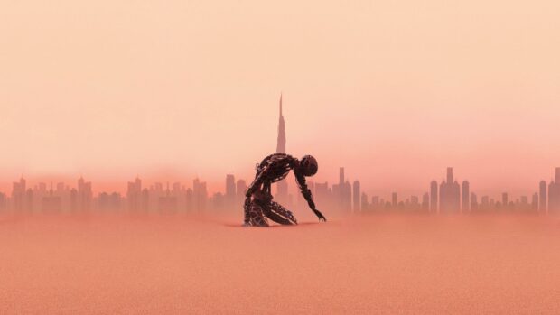 Futuristic robot kneeling in desert with city skyline in the background