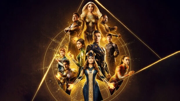 A poster featuring a team of heroes standing together in golden armor with a glowing symbol behind them
