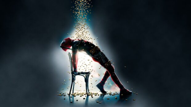 A poster shows a superhero performing a backbend on a chair with bullets falling around