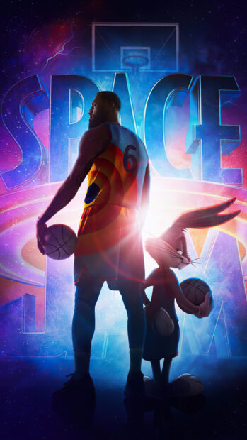 A basketball player and a cartoon rabbit standing together on a court with a cosmic space background