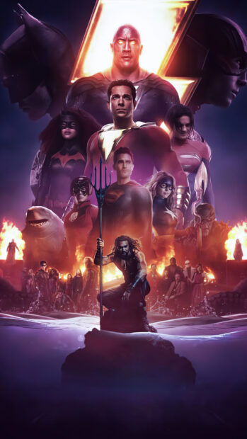 A poster of superhero characters including a king with a trident standing on a rock surrounded by others in a fiery background