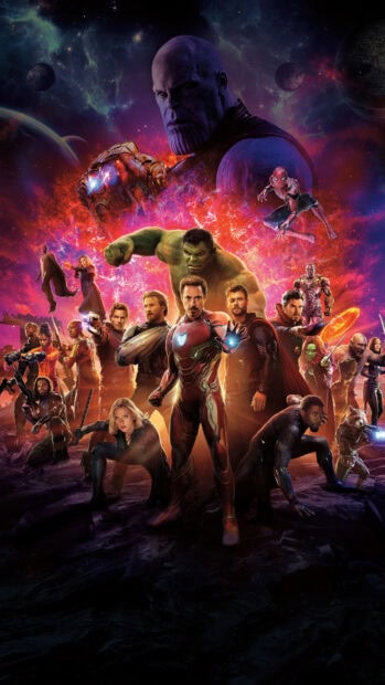Marvel characters assembling for battle in an epic scene with a cosmic background