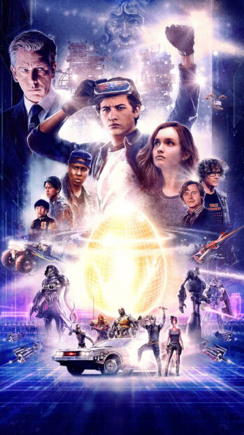Futuristic adventure poster featuring diverse characters and glowing golden egg in neon cityscape