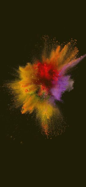 Vibrant color powder explosion showing red yellow and purple powder burst on black background