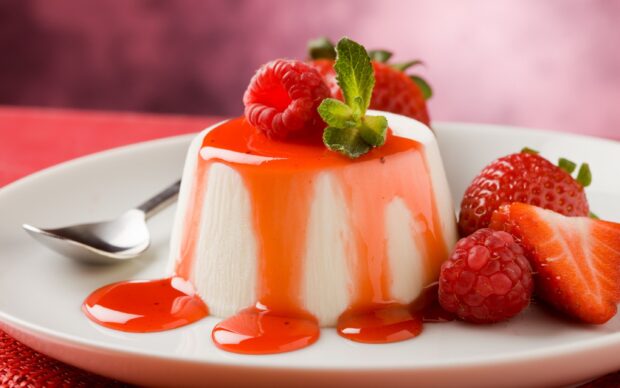 A creamy pudding topped with raspberry sauce and fresh berries including strawberries and raspberries