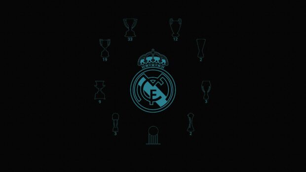 Real Madrid Cf logo with championship trophies displayed on a black background