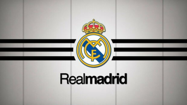Real Madrid Cf logo with black stripes on a gray background for desktop