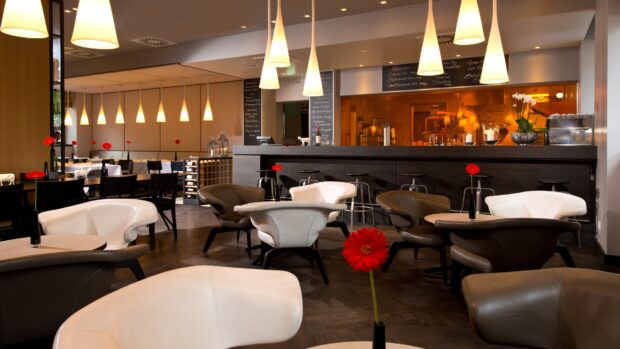 Modern restaurant interior with cozy chairs and red flowers on tables