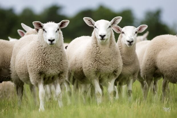 A group of sheep standing together on green grass in a natural outdoor setting