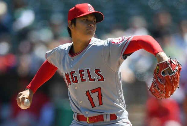 Shohei Ohtani pitching for the Angels in a professional baseball game