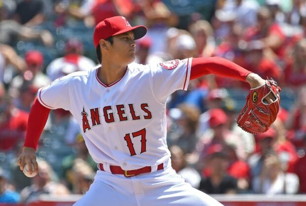Shohei Ohtani pitching for the Angels in a Major League Baseball game
