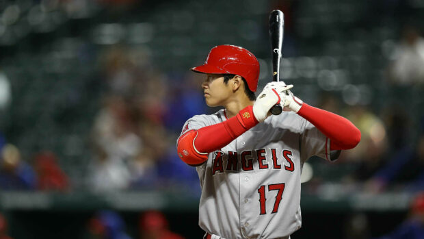 Shohei Ohtani batting in Angels uniform with number 17 on jersey
