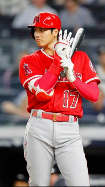 Shohei Ohtani preparing to bat in a Los Angeles Angels uniform