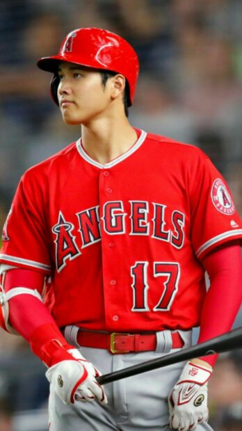 Shohei Ohtani preparing to bat in his Angels uniform during a game