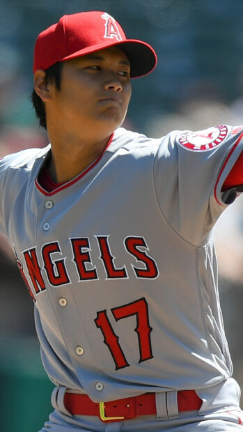 Shohei Ohtani pitching for the Los Angeles Angels in a close up action shot