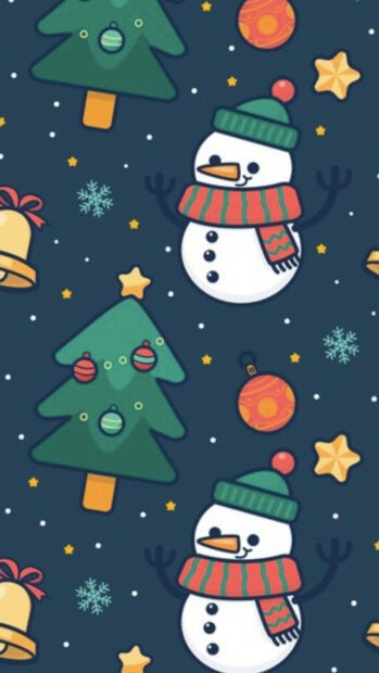 Cute snowman and decorated Christmas trees in winter pattern design