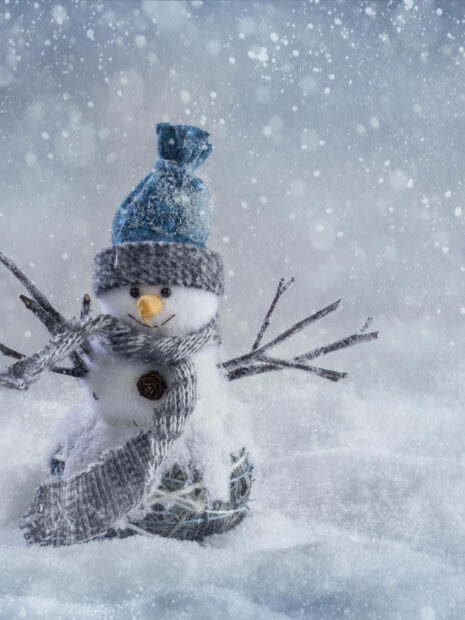 A winter snowman wearing a blue hat and gray scarf stands in the snow during snowfall