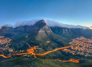 Table Mountain with low clouds over Cape Town landscape in South Africa