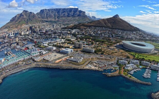 Aerial view of South Africa city with Table Mountain and coastal landscape