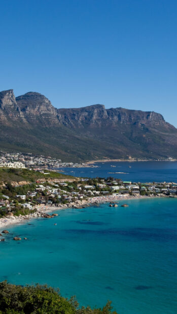 Clear blue ocean and coastal town landscape in South Africa