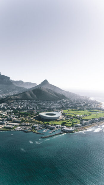 Aerial view of Cape Town with Table Mountain and stadium in South Africa
