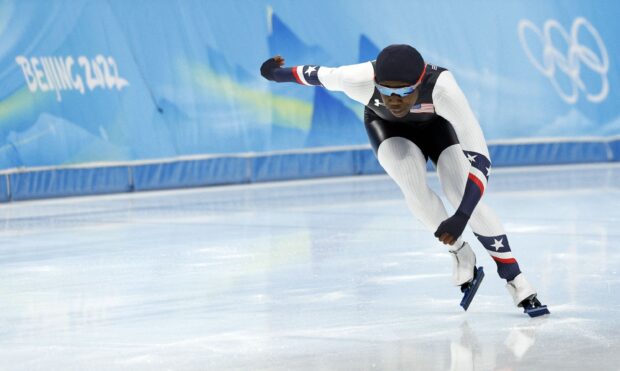 A speed skater from the USA competing at the Beijing 2022 winter event