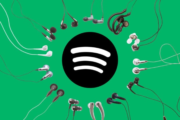 Various headphones surrounding the Spotify logo on a green background with Spotify in the center