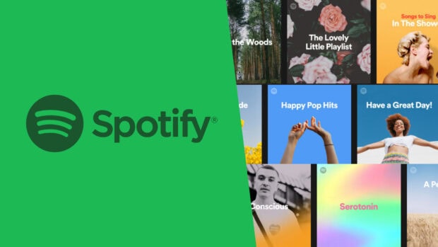 Spotify logo with colorful playlist covers representing music genres and moods