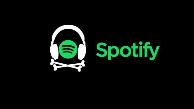White headphones and crossed bones with a green Spotify symbol on a black background