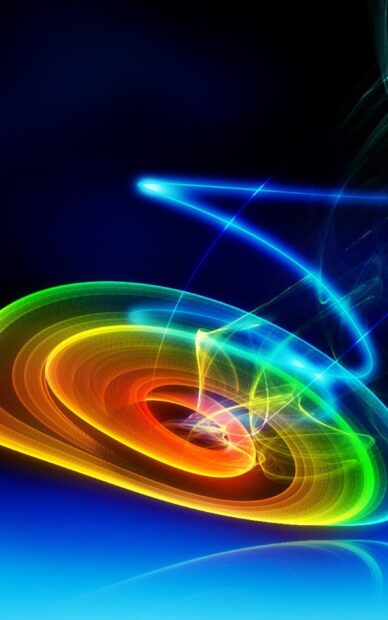 Colorful swirl design with vibrant light trails in blue green and orange against a dark background