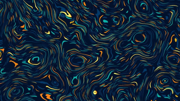Dark abstract swirl pattern with vibrant blue and orange lines in fluid motion