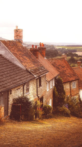 Vintage town houses with brick chimneys and sloping roofs along a cobblestone street