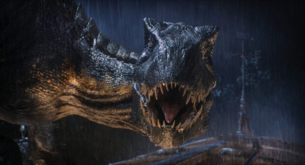 A fierce Tyrannosaurus rex roaring in the rain showing sharp teeth and detailed skin texture
