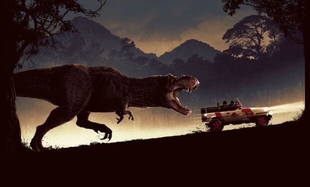 A large Tyrannosaurus Rex chasing a jeep through a forested mountainous area at dusk