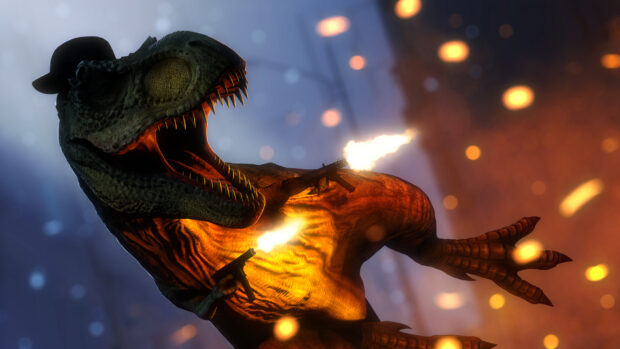 A Tyrannosaurus Rex wearing a hat and firing two guns in a fiery battle scene