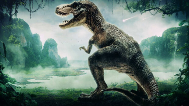 A detailed Tyrannosaurus rex standing in a misty prehistoric jungle landscape