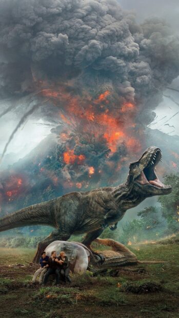 A fierce Tyrannosaurus Rex roaring fiercely near humans during a volcanic eruption