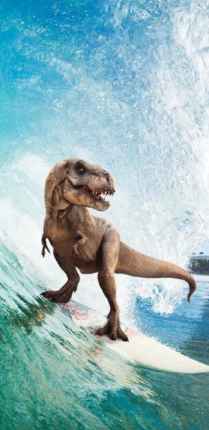 A Tyrannosaurus Rex riding a surfboard on a large ocean wave with blue water