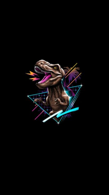 A fierce Tyrannosaurus Rex roaring with vibrant neon geometric shapes on a black background