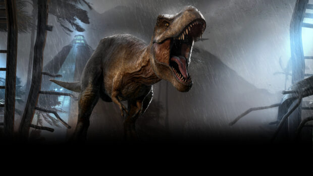 A fierce Tyrannosaurus Rex roaring loudly in a rainy prehistoric environment
