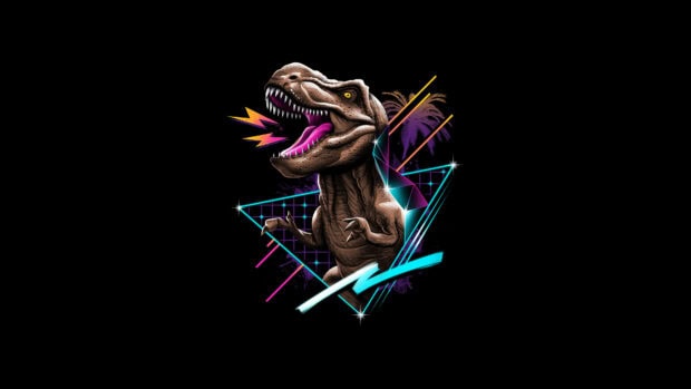 A fierce Tyrannosaurus Rex roaring with neon geometric shapes and palm trees on a black background