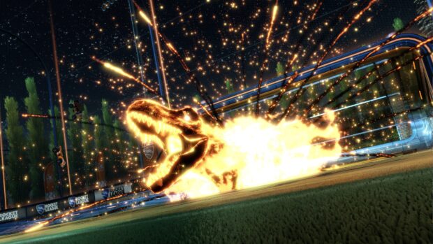 A glowing Tyrannosaurus Rex roaring with fiery effects on a stadium field