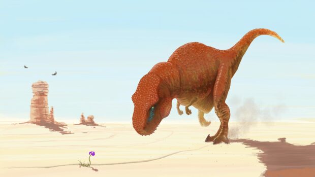 A Tyrannosaurus Rex in a desert landscape curiously observing a small purple flower