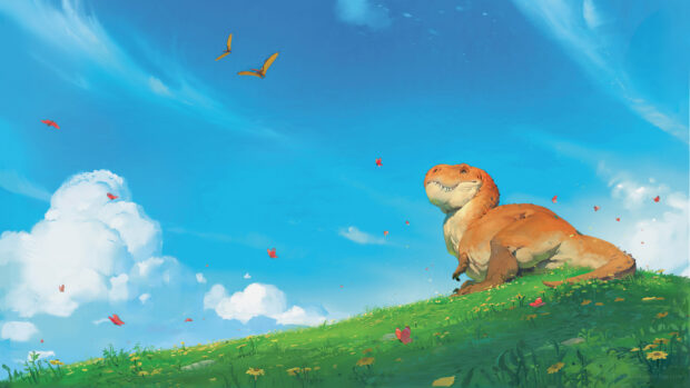 A tyrannosaurus rex resting on a grassy hill under a clear blue sky with butterflies flying around