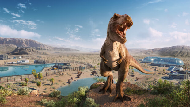 A detailed Tyrannosaurus Rex standing on a hill overlooking a prehistoric park with other dinosaurs and futuristic domes