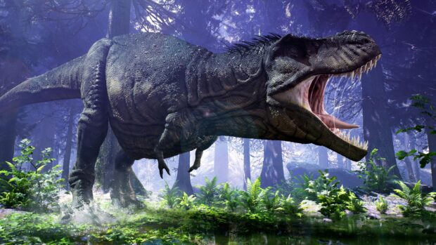 A Tyrannosaurus Rex stands roaring in a dense prehistoric forest surrounded by lush ferns and trees