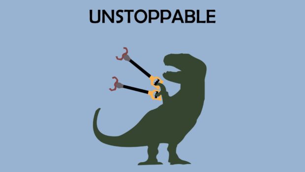 A Tyrannosaurus Rex with mechanical claws on its arms standing against a blue background with the word Unstoppable above