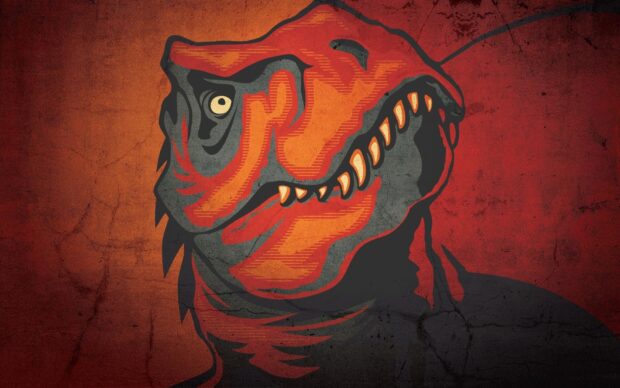 Close up illustration of a fierce Tyrannosaurus Rex with orange and black colors