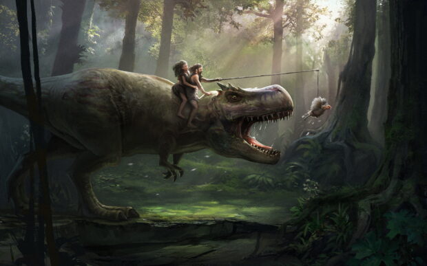 Two primitive humans riding a tyrannosaurus rex in a forest hunting a chicken