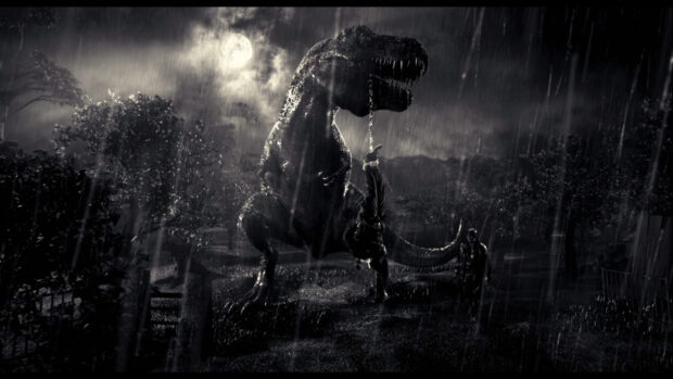 A Tyrannosaurus Rex holding a person in its mouth in a dark rainy forest at night